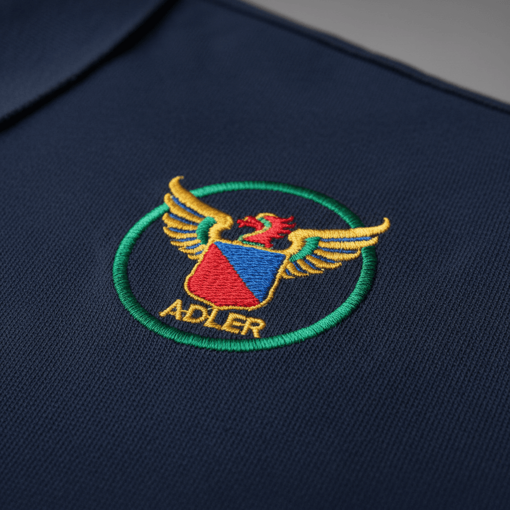 Embroidered logo on navy polo shirt