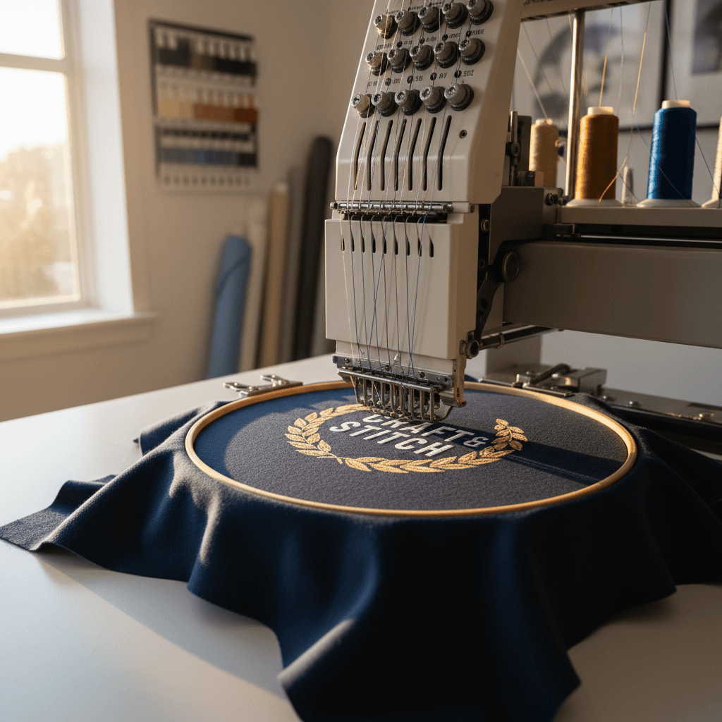 Embroidery machine stitching a detailed logo onto a navy hoodie