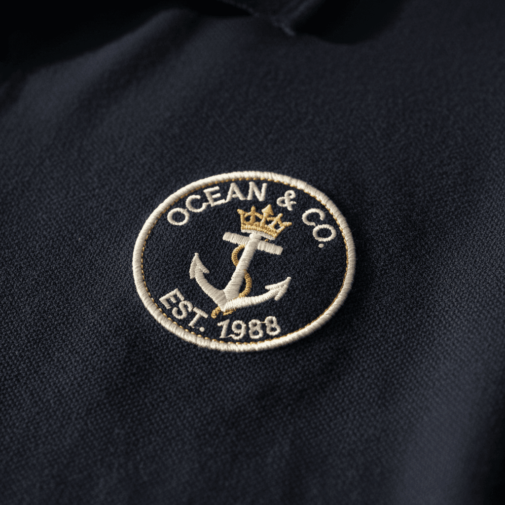 Embroidered logo on navy polo shirt
