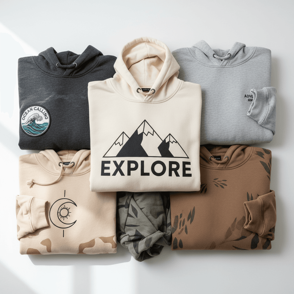 Range of custom printed hoodies with various designs