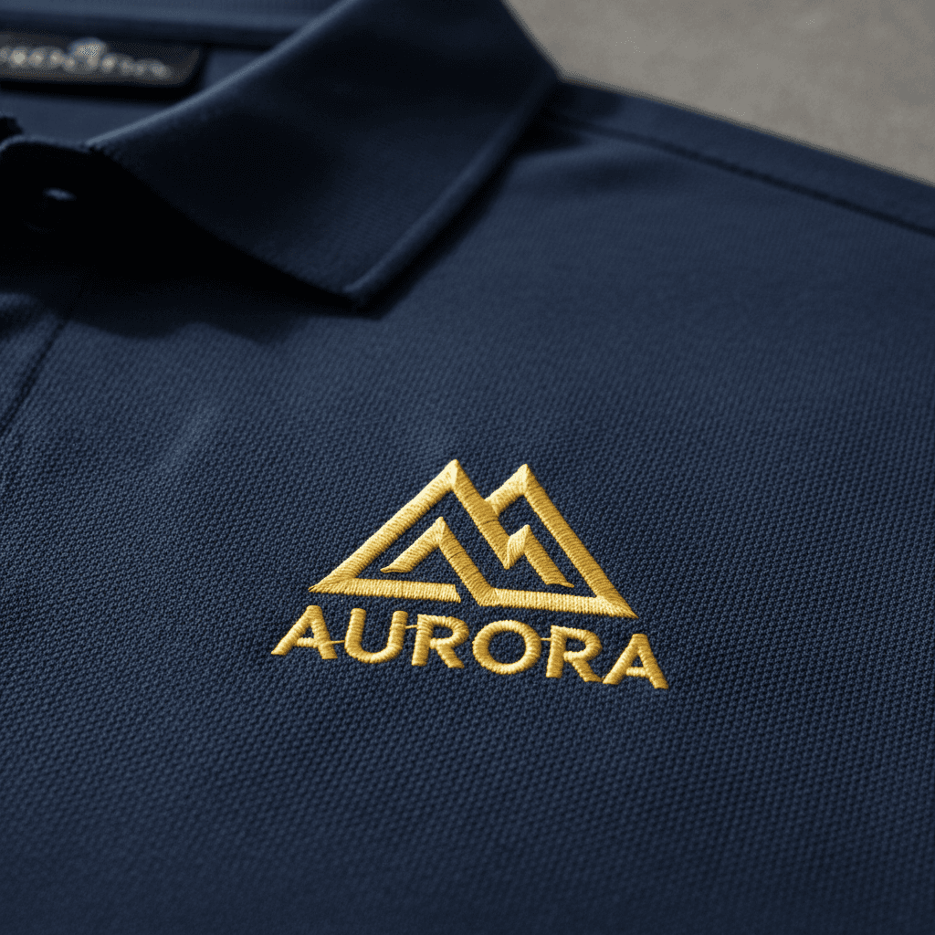 Close-up of embroidered golden logo stitched into navy blue work polo shirt, showing detailed craftsmanship