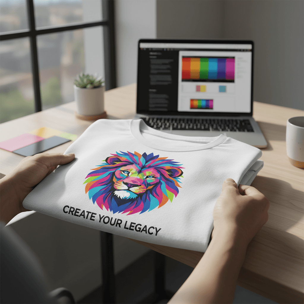 Close-up of customer hands holding folded printed t-shirt with vibrant graphic design under natural light