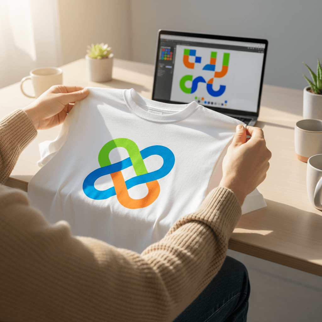 Designer's hands holding and examining a custom-printed t-shirt with vibrant graphic design in bright natural light