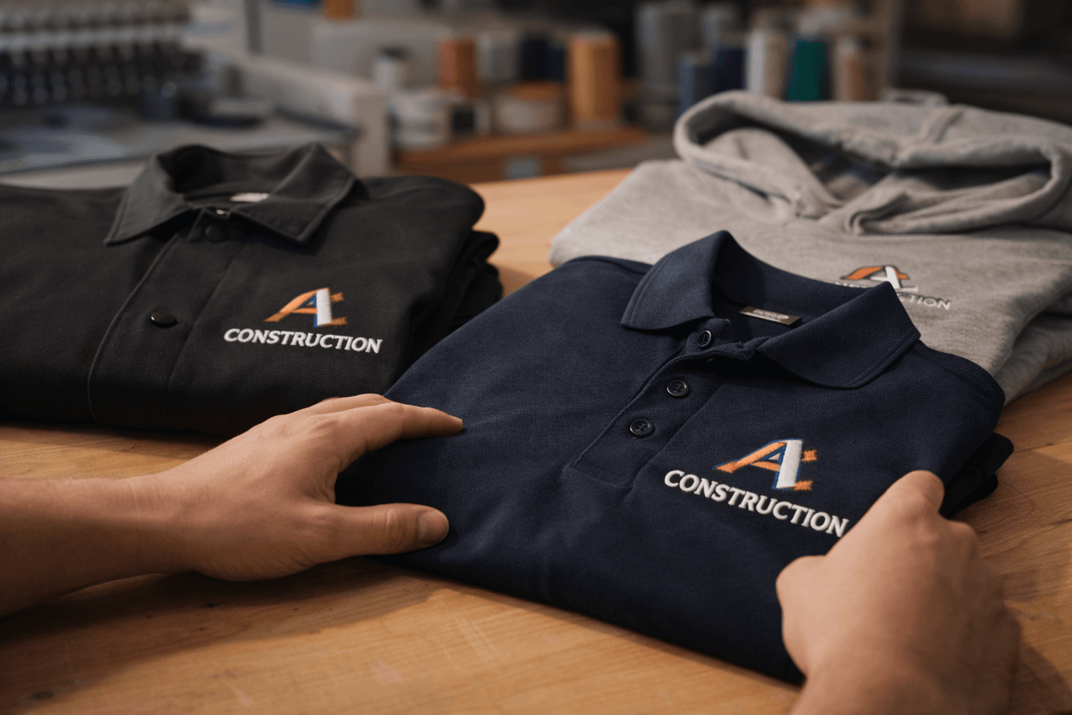 Hands holding a navy polo shirt with an embroidered construction logo on a wooden table.