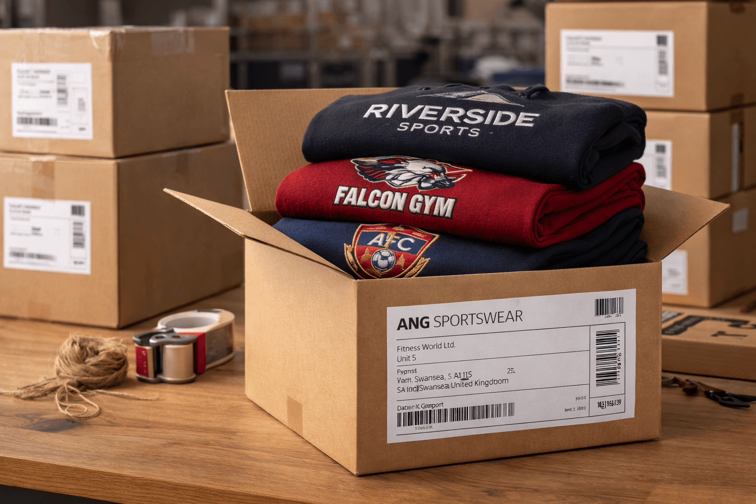 Cardboard shipping box filled with folded hoodies featuring Riverside Sports, Falcon Gym, and AFC logos.