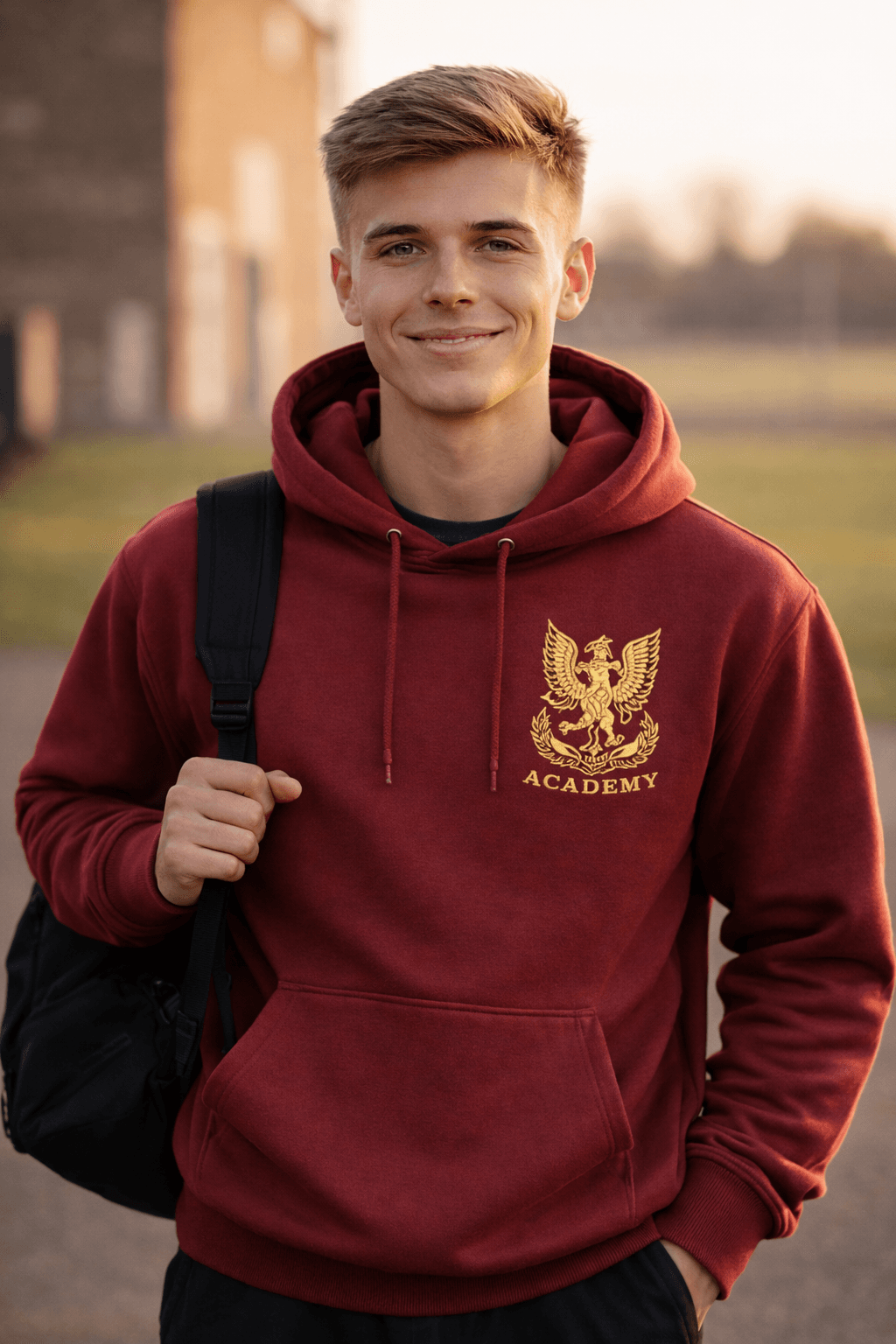 A smiling young man in a maroon academy hoodie carrying a black backpack outdoors.