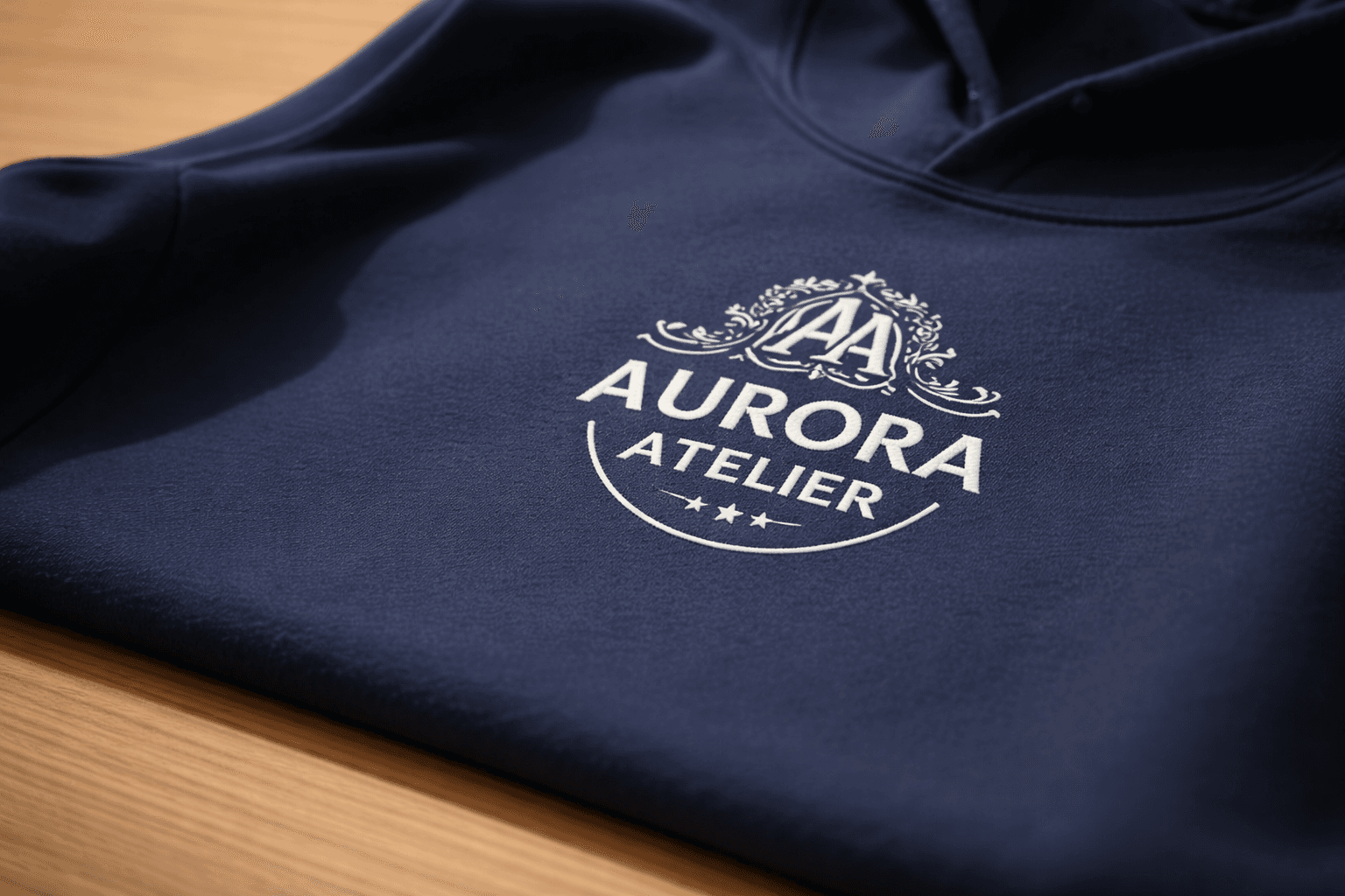 Navy blue hoodie featuring a white embroidered Aurora Atelier logo with crest and three stars.