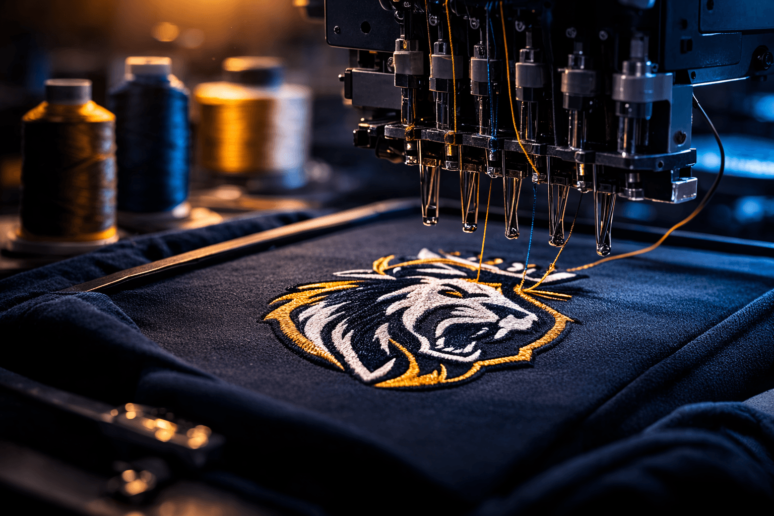 Automated embroidery machine needles stitching a gold and white lion logo onto dark fabric.
