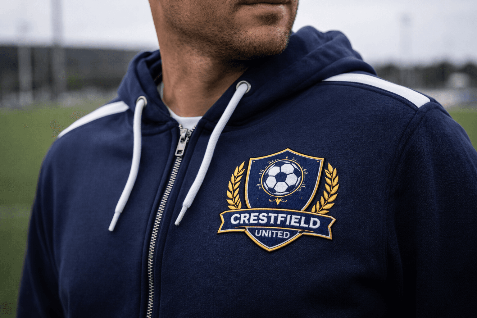 Man wearing a navy blue zip-up hoodie with the Crestfield United soccer team crest.