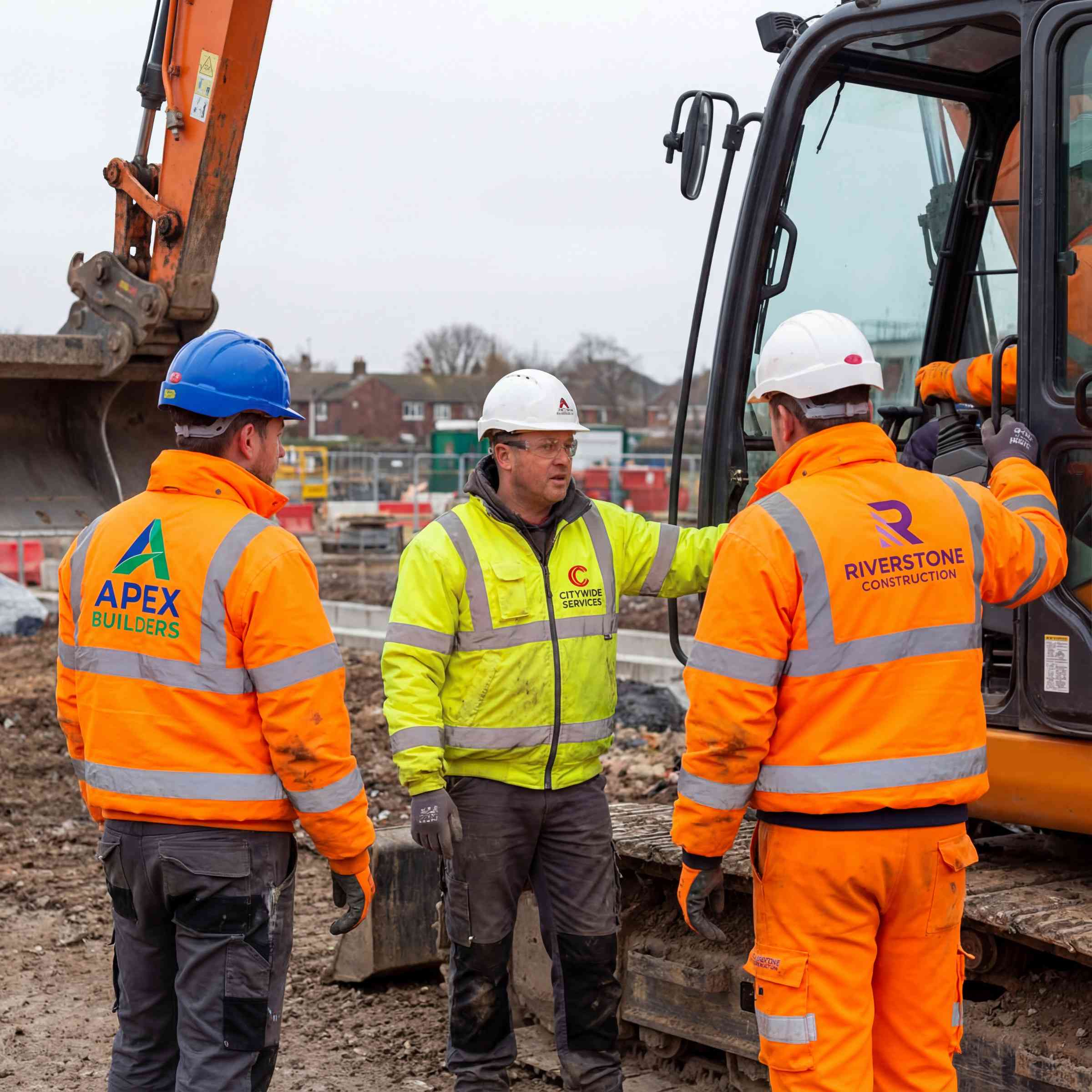 Three construction workers in high-visibility jackets and hard hats converse beside an orange excavator.