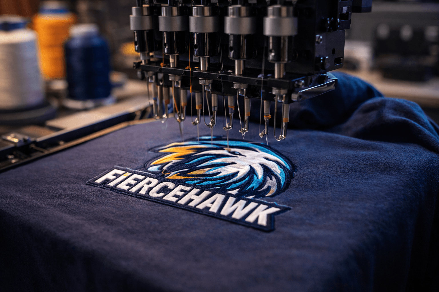 Industrial embroidery machine stitching a hawk logo and FIERCEHAWK text onto dark blue fabric.