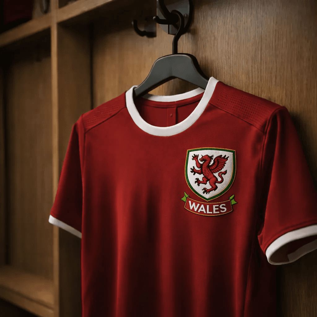 Red Wales national jersey with white trim and dragon crest hanging in a locker room.