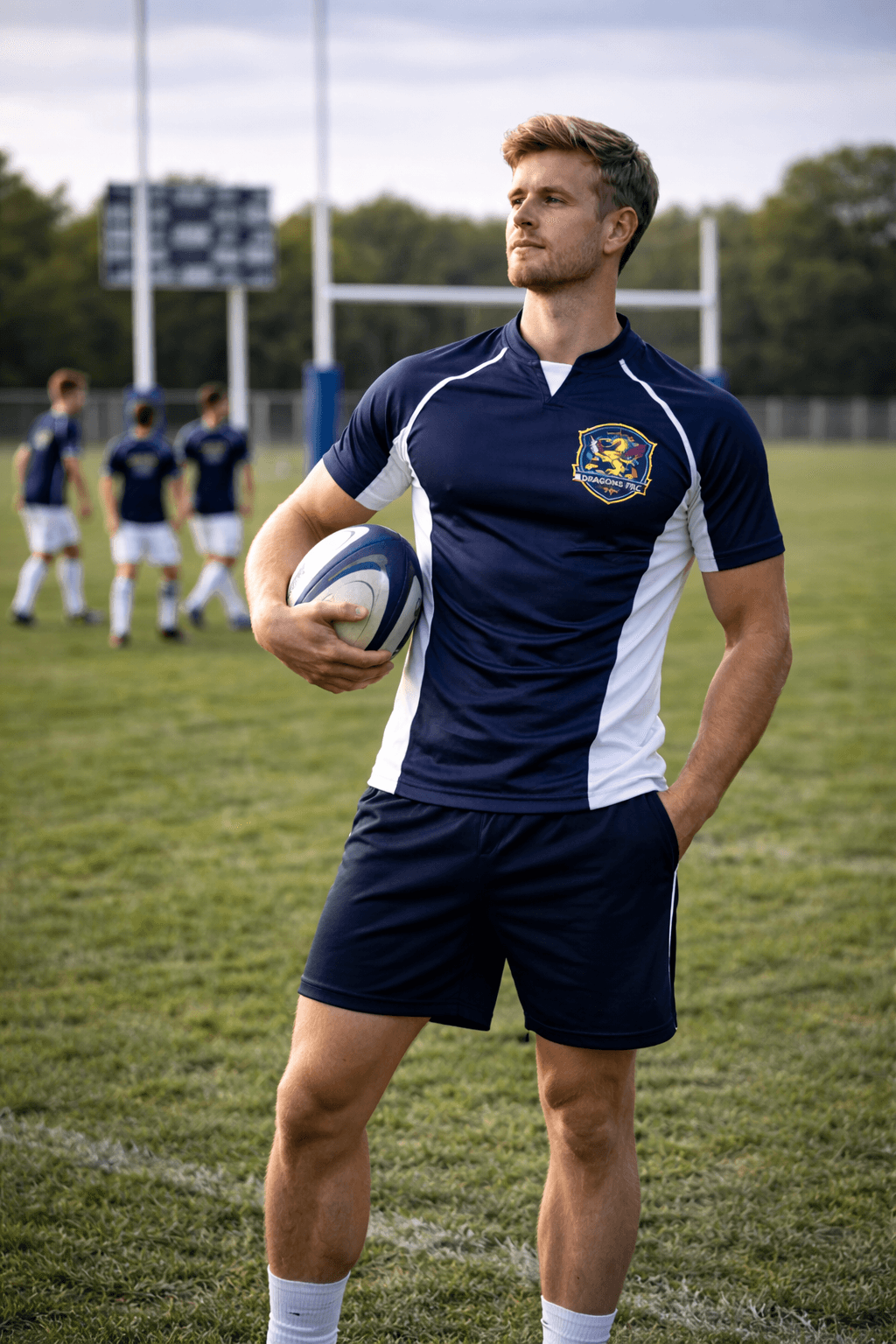 Male rugby player in navy jersey holding a ball on a field with goalposts.