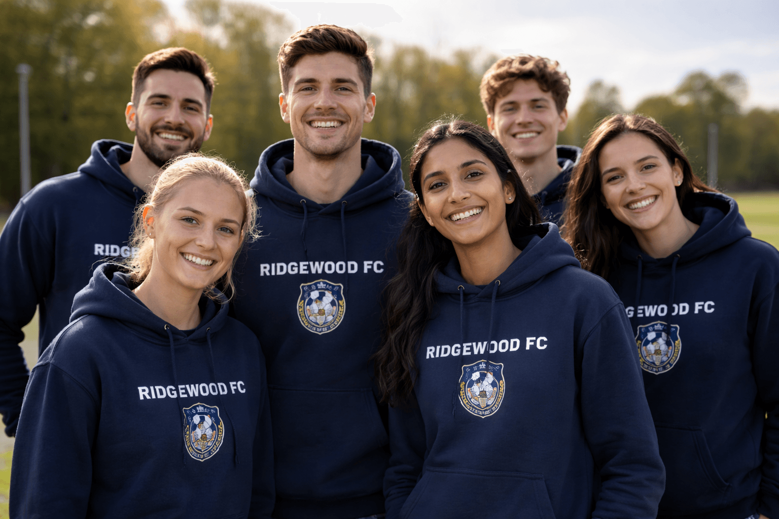 Five smiling young adults wearing matching navy blue Ridgewood FC hoodies in an outdoor setting.