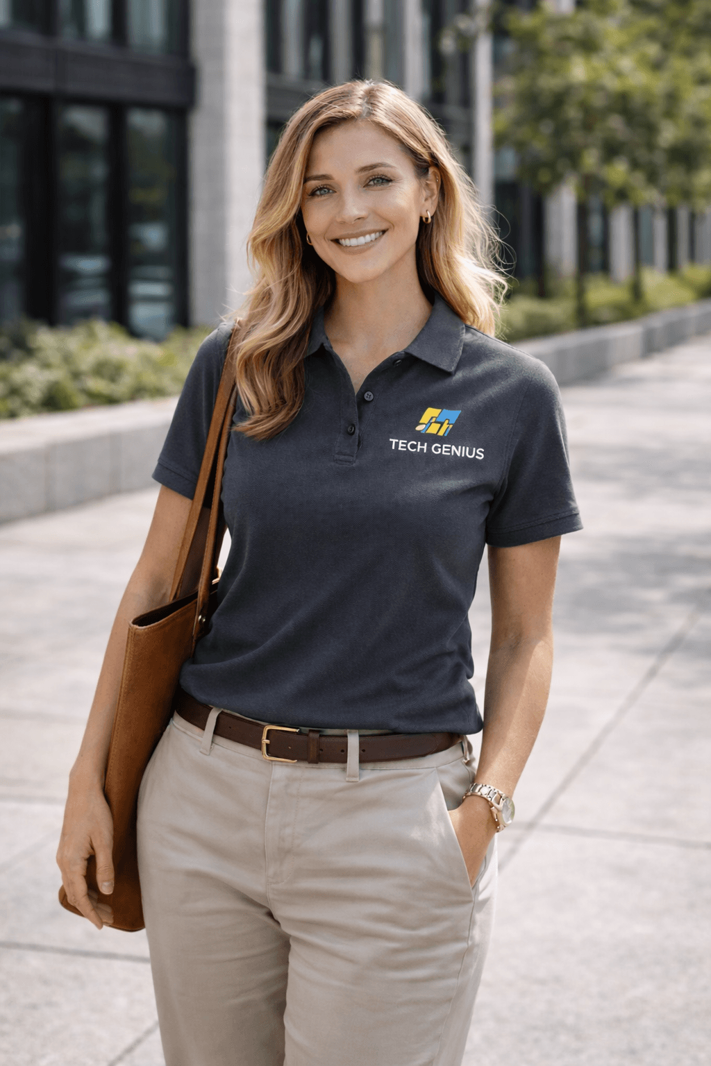 Smiling blonde woman wearing a grey Tech Genius polo shirt and khaki pants outdoors.
