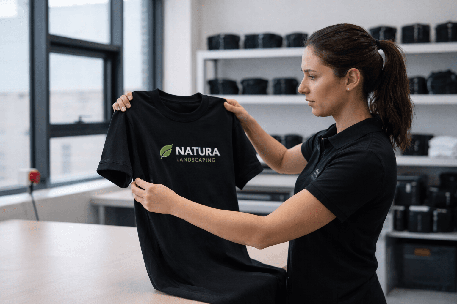 A woman holds a black t-shirt with the Natura Landscaping logo in a workshop.