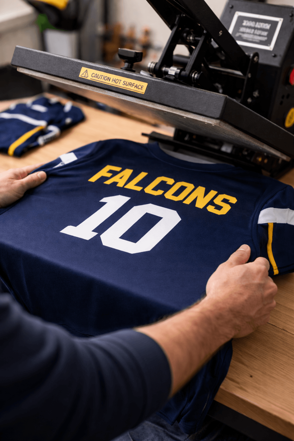 Hands positioning a navy blue Falcons jersey with number 10 on a heat press.