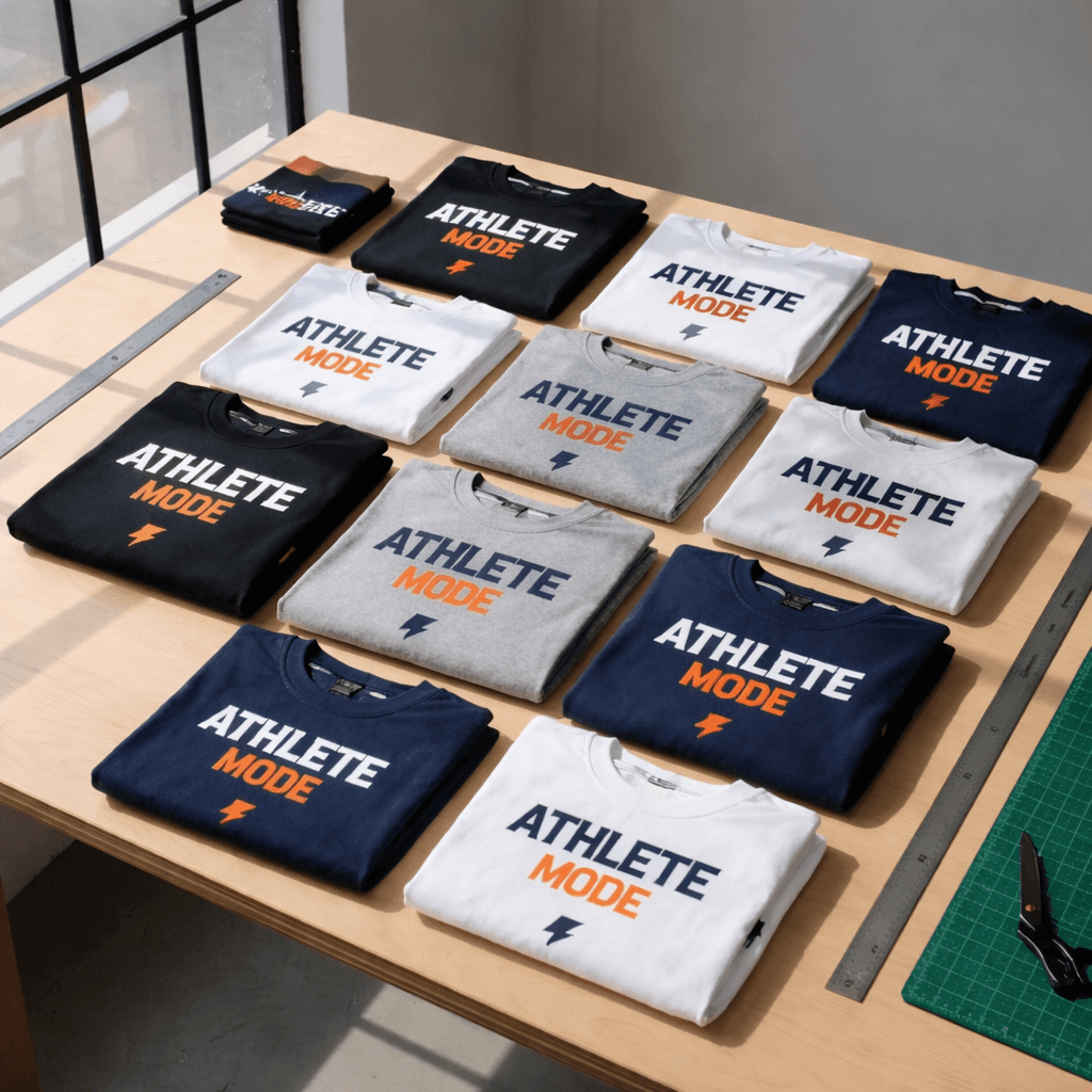Folded black, white, grey, and navy t-shirts with 'ATHLETE MODE' logos on a table.