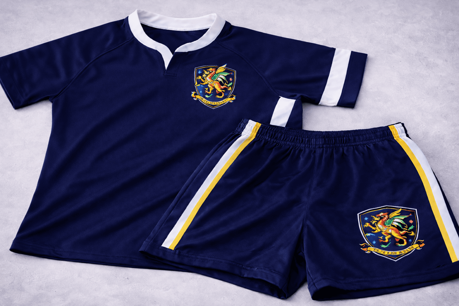Navy blue sports kit featuring a dragon crest with white and yellow stripe accents.