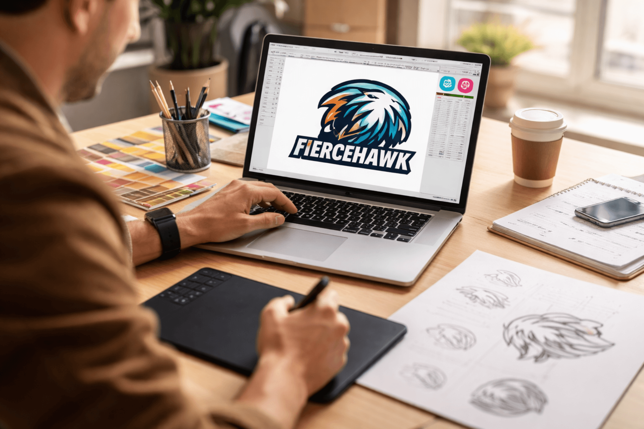 Graphic designer using a laptop and digital tablet to create a hawk mascot sports logo.