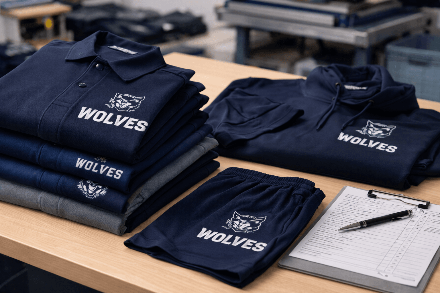 Navy blue and grey Wolves branded shirts, hoodies, and shorts arranged on a wooden table.