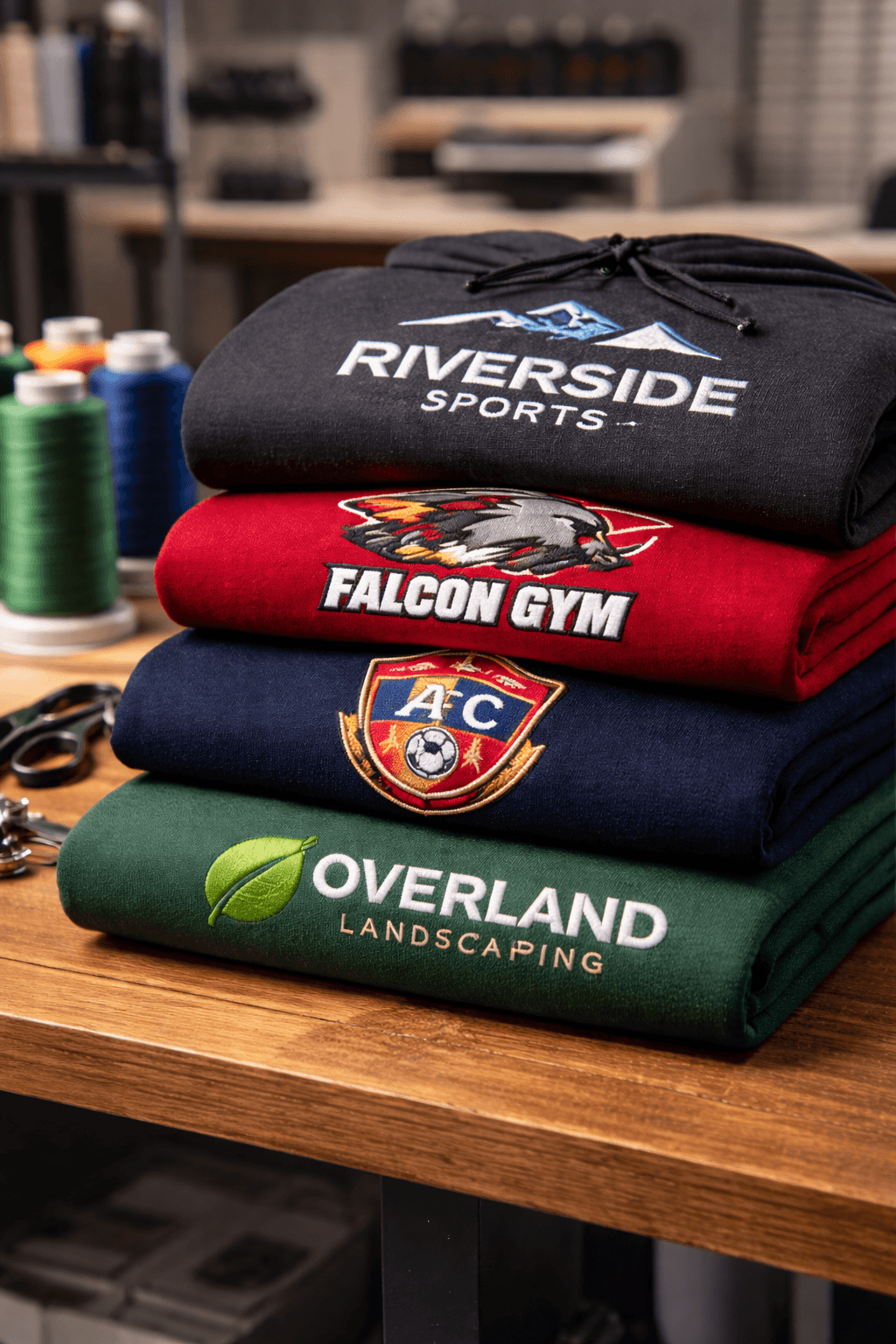 Stacked black, red, navy, and green hoodies featuring custom embroidered logos for various organizations.